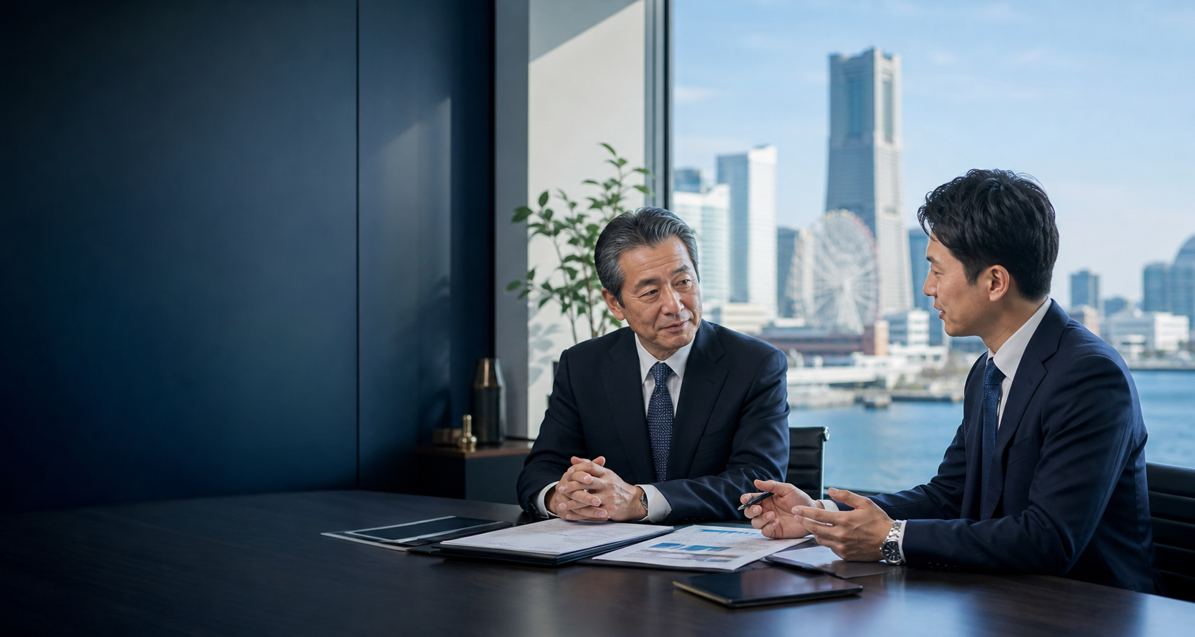 横浜を背景に会社売却を相談する経営者とM&Aアドバイザー
