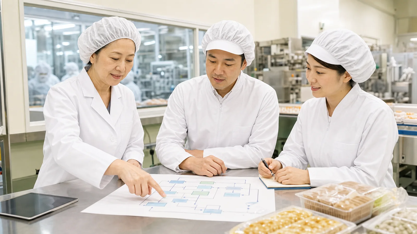 横浜の食品工場でHACCP運用と事業承継を確認する旧経営者と後継経営者と品質担当者
