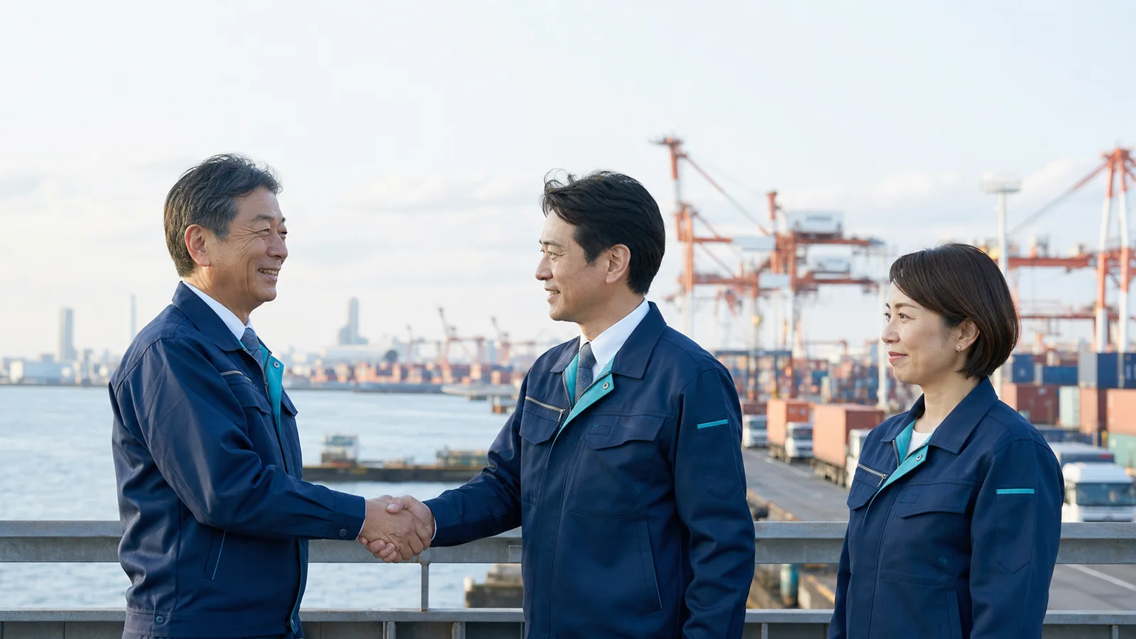 横浜港を背景に株式譲渡後の承継を確認する物流会社の旧経営者と新経営者