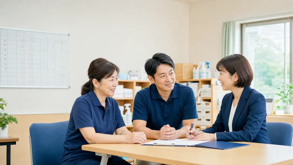 横浜の介護事業所でM&A後の運営体制を確認する経営者と管理者とアドバイザー