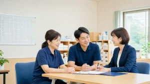 横浜の介護事業所でM&A後の運営体制を確認する経営者と管理者とアドバイザー