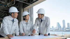 横浜の建設現場でM&A後の工事承継計画を確認する経営者と技術者