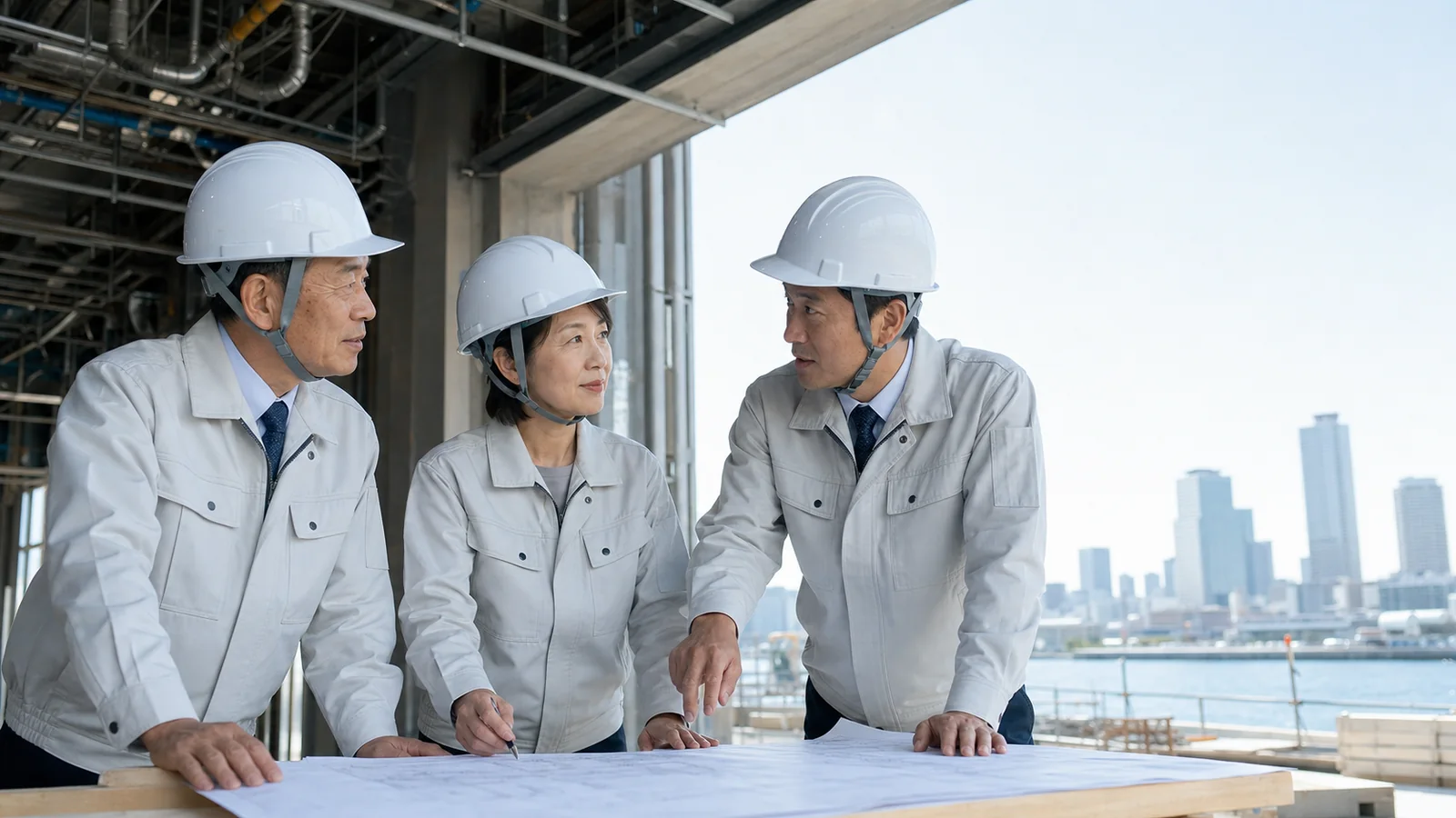 横浜の建設現場でM&A後の工事承継計画を確認する経営者と技術者