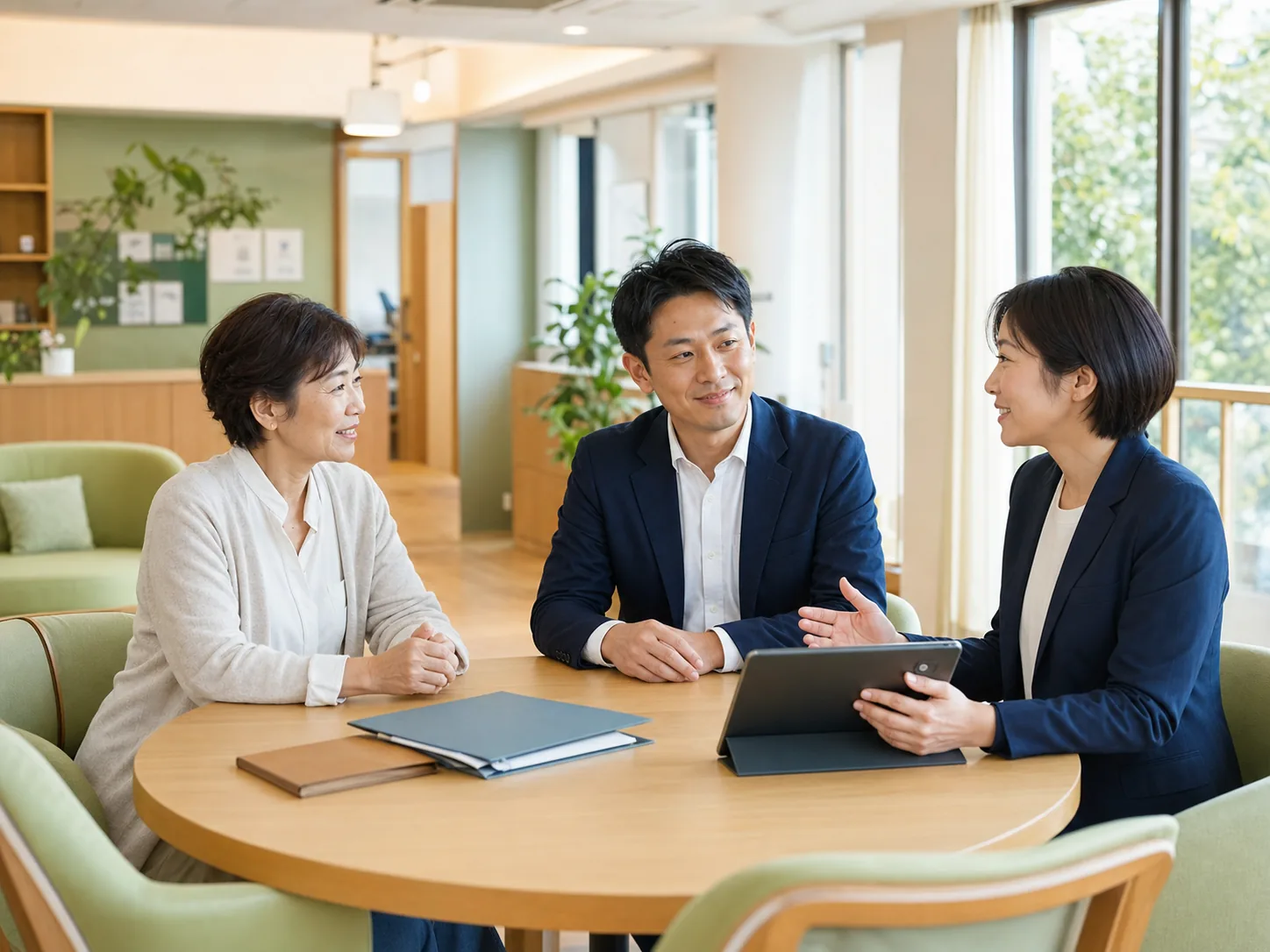 横浜の医療・介護・生活支援企業で事業承継を相談する経営者と後継者とアドバイザー