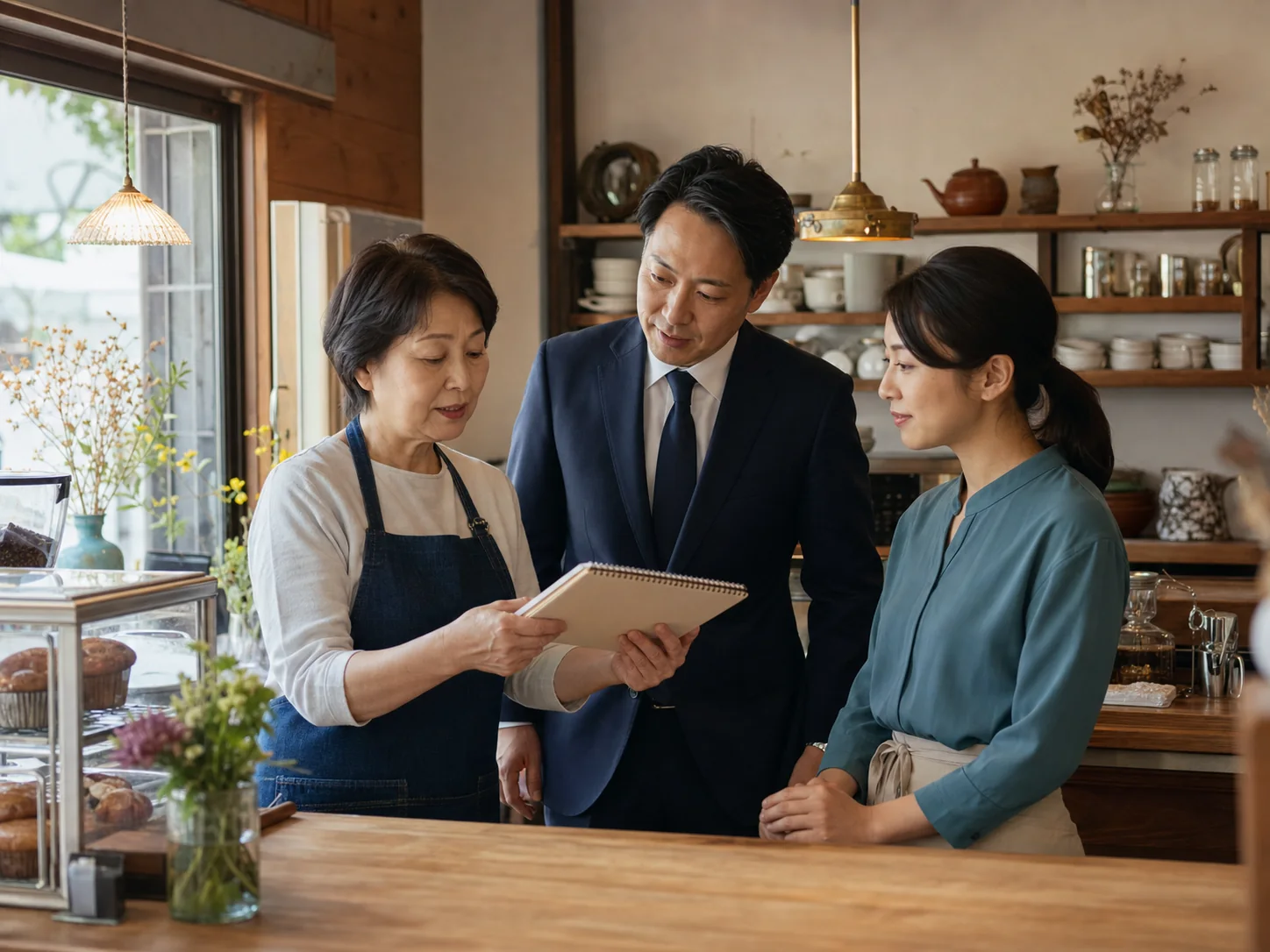 横浜の地域店舗で事業承継を検討する経営者と後継者とM&Aアドバイザー