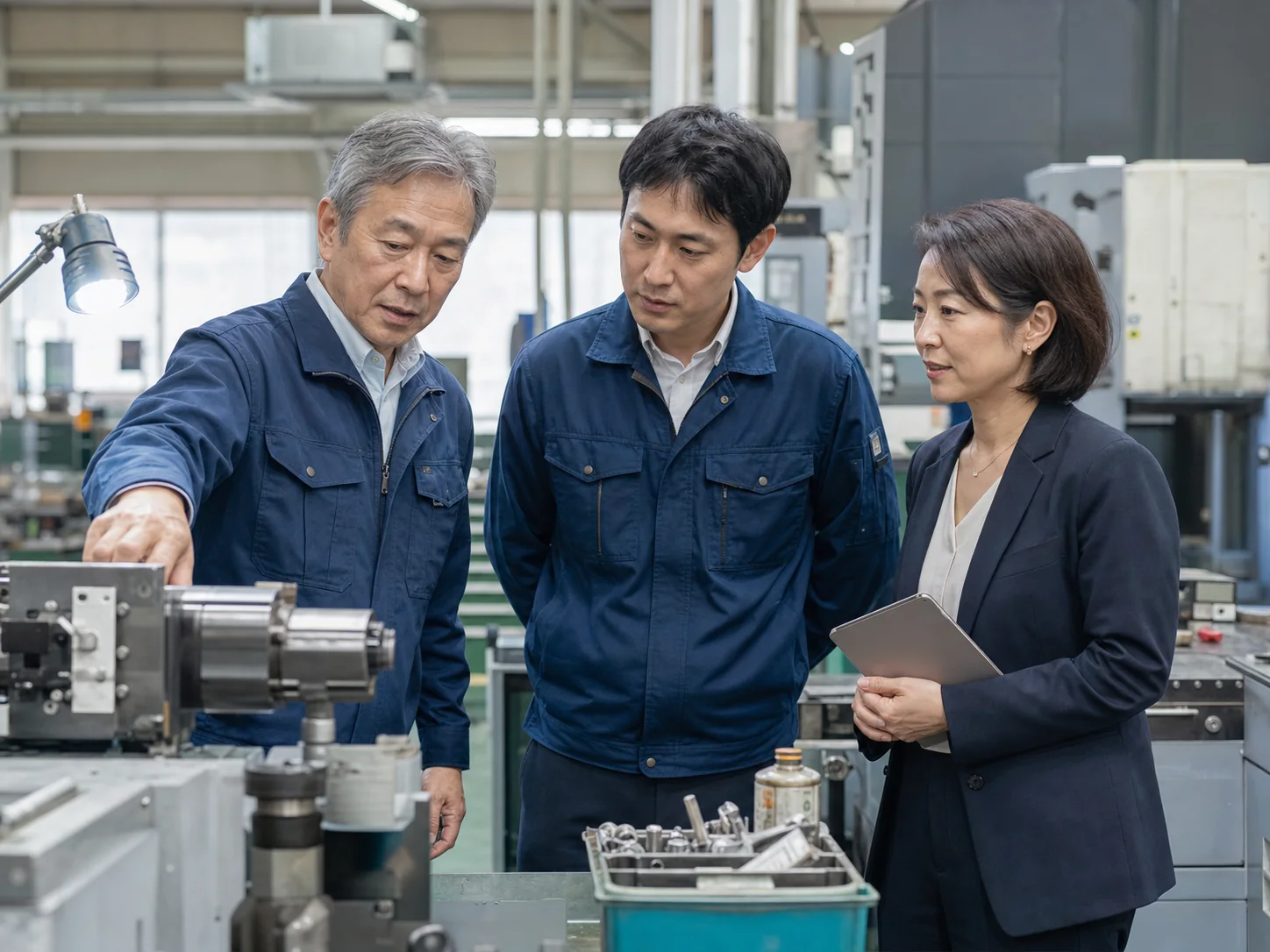 横浜の製造現場で事業承継を検討する経営者と後継者とM&Aアドバイザー