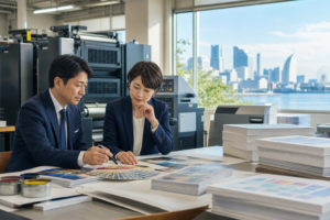 横浜の印刷会社で経営者が印刷設備と承継計画を確認するM&Aのイメージ