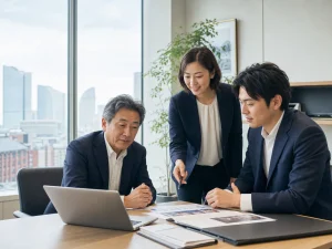 横浜の都市型サービス・IT企業で事業承継を相談する経営者と後継者とアドバイザー