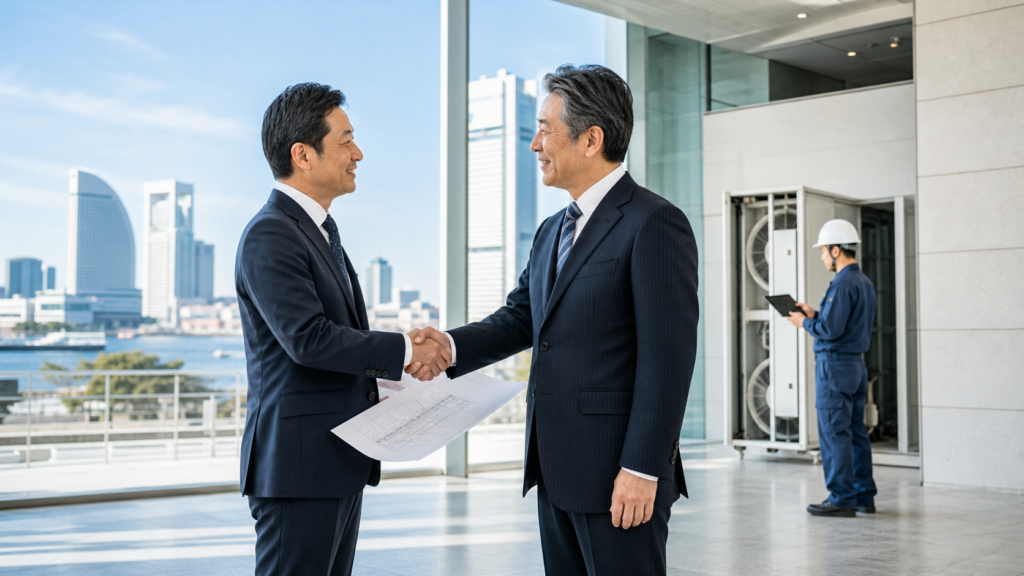 横浜・みなとみらいのビル設備を背景に事業承継を協議する経営者と設備管理スタッフ