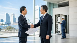 横浜・みなとみらいのビル設備を背景に事業承継を協議する経営者と設備管理スタッフ