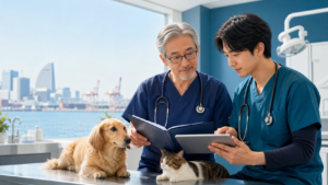 横浜の動物病院で事業承継計画を確認する獣医師と犬・猫
